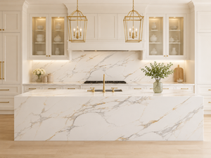 แผ่นควอตซ์พิมพ์ลาย Calacatta Golden Drift จาก UNION STONE ขนาดใหญ่ เป็นมิตรกับสิ่งแวดล้อม ดีไซน์ทันสมัย เหมาะสำหรับผนังห้องครัว พื้น และเคาน์เตอร์ - Product Image 2