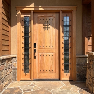 Porte d'entrée rustique sud-ouest en teck massif et bois d'acajou avec grilles en fer forgé et panneaux latéraux assortis - Product Image 6