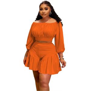 Baddie Summer Solid Breathable Polyester Casual Short <b>Set</b> Off-Shoulder Crop Top Pleated Flare Sweet Women 2-Piece <b>Set</b> - Product Image 4