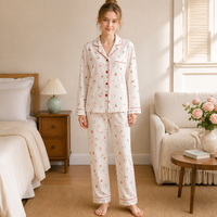 Prix d'usine Ensemble de pyjama d'été respirant à imprimé lapin, haut à manches longues boutonné et pantalon long avec poche poitrine, pour la détente quotidienne