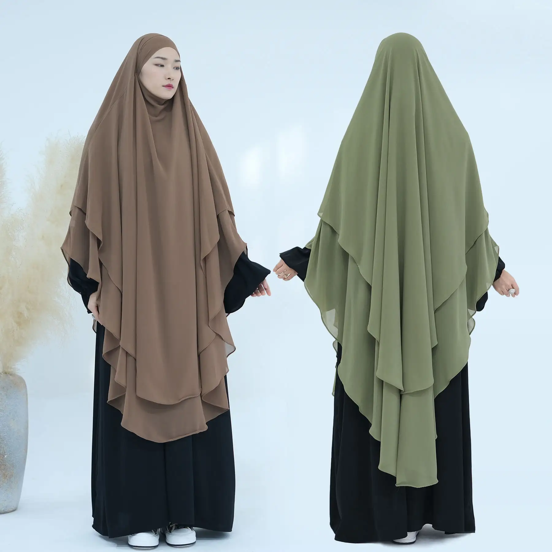 Nouvelle turquie frais généraux cravate dos plaine prière écharpe femmes musulmanes Khimar Hijab 2 couches Long Niqab en mousseline de soie Khimar