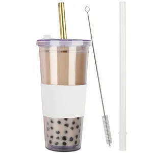 Mlife 700ml Eco Friendly Double Wall Insulated Reusable Boba Bubble Cups For Bubble Tea Tumbler With 12mm Wide Reusable Straw