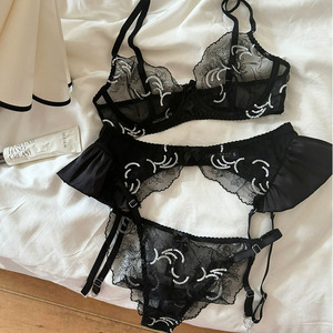 Lingerie Set for <b>Women</b> Premium Embroidered Lace Bra With Underwire Support Sensual Sheer Design Three-Piece Set - Product Image 5