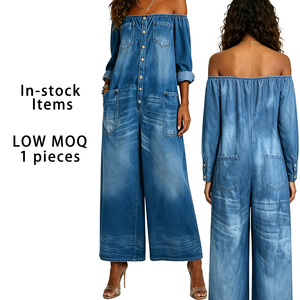 Combinaison <span class=keywords><strong>en</strong></span> <span class=keywords><strong>jean</strong></span> délavé à épaules dénudées pour femme, sexy, boutonnée, style streetwear, moulante, tenue une pièce tendance - Product Image 1