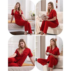 Ensemble de pyjama en coton pour femme, manches courtes, boutonné, 2 pièces, vêtements de détente, vêtements de nuit, vêtements de détente en coton et bambou pour femme - Product Image 5