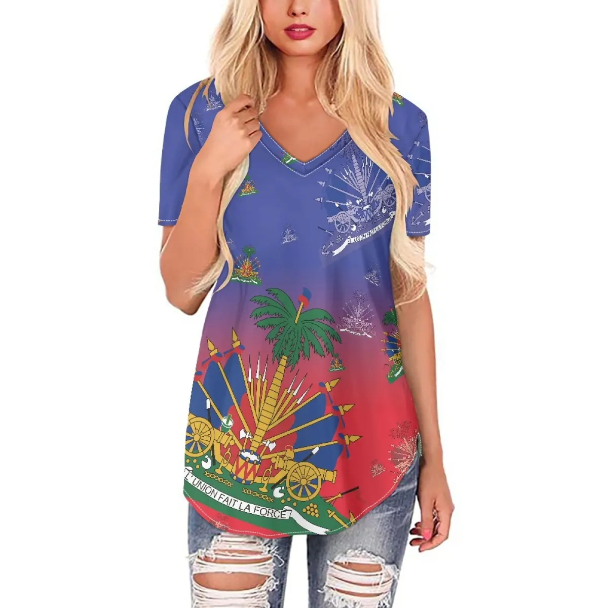 Top e magliette da donna polinesia Haiti Pattern Print Design Plus Size T-shirt da donna T-shirt Casual con scollo a V di alta qualità