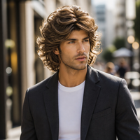 Perruque bouclée mi-longue brun clair pour homme, en fibres synthétiques haute température, densité 100, fabriquée à la machine, vente en gros par Senmu Beauty