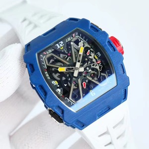 Montre mécanique automatique 3503, boîtier en fibre de carbone bleue, bracelet en caoutchouc blanc, lumineuse, sportive, étanche, tourbillon - Product Image 4