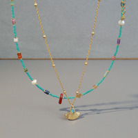 Collier en pierre naturelle plaqué or 18 carats, pendentif éventail rétro chinois en corail et perles d'eau douce, collier statement à superposition