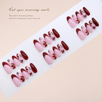 OEM 30 pièces Faux ongles à presser œil de chat bordeaux, motif floral French Manucure, haute qualité, emballage personnalisé