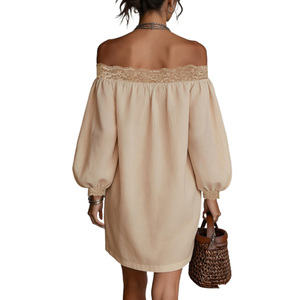 Fashion Design Off The Shoulder Lace Trim Women Mini <b>Dress</b> Puff Sleeve <b>Boho</b> Loose Fit <b>Summer</b> Casual Women's <b>Dress</b> - Product Image 2