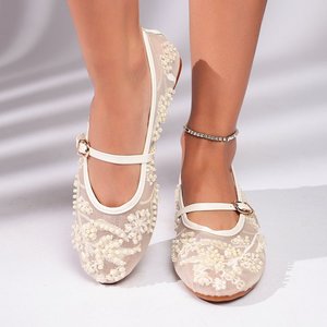 Single Buckle Strap Flats Mesh Floral Embroidery Pearl Beaded <b>Evening</b> Shoes - Product Image 6