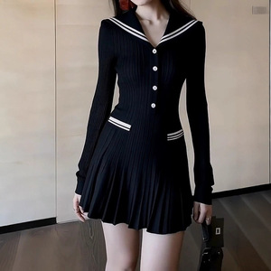 Falda corta de punto con cuello marinero negro francés para mujer, nueva colección de principios de otoño, juvenil, elegante y ceñida a la cintura - Product Image 1