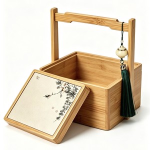 <b>Bamboo</b> Double Layer Pastry Box Rectangle Mooncake Gift Packaging Wooden Food <b>Container</b> With Handle And Tassel - Product Image 4
