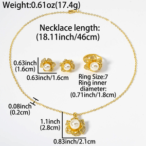 Conjunto de Joyería de Moda al por Mayor, Anillo, Aretes y Collar con Colgante de Flores de Circonita y Perla Chapados en Oro de 18k de Primera Calidad - Product Image 6