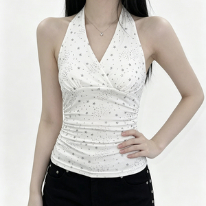 Women's Pink Halter Neck Crop <b>Top</b> with <b>Rhinestone</b> Stars and Side Pleats V-Neck Backless Slim Fit Party <b>Top</b> for Summer 2026 - Product Image 5