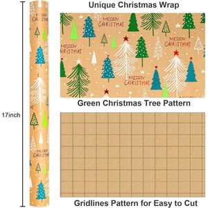 Kraft Christmas <b>Wrapping</b> <b>Paper</b> Roll 17 In X 33 Ft Eco Friendly Gift Wrap With Green Foil Trees Holiday Packaging <b>Paper</b> - Product Image 3