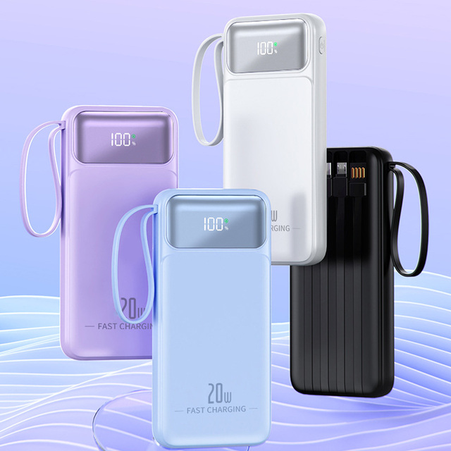 20000mAh Large Capacity Custom Wholesale PD 22.5W Type C Fast Charging Mobile Phone Charger Power Bank with 4 Built-in Cables