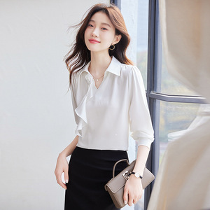 Women's Pink Satin Shirt Long Sleeve Solid Color Asymmetry <b>Wrap</b> Tie Office Blouse Q9972 - Product Image 2