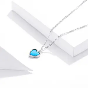 Popular Fashion Jewelry Necklaces 925 Sterling Silver Blue Heart Opal Pendant Chain Necklace