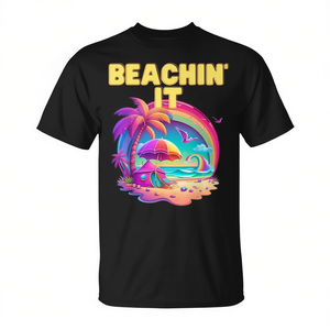 Beachin It Retro 80s Summer Trendy <b>T</b>-<b>Shirt</b> Colorful Beach <b>Rainbow</b> Design for Men and Women - Product Image 2