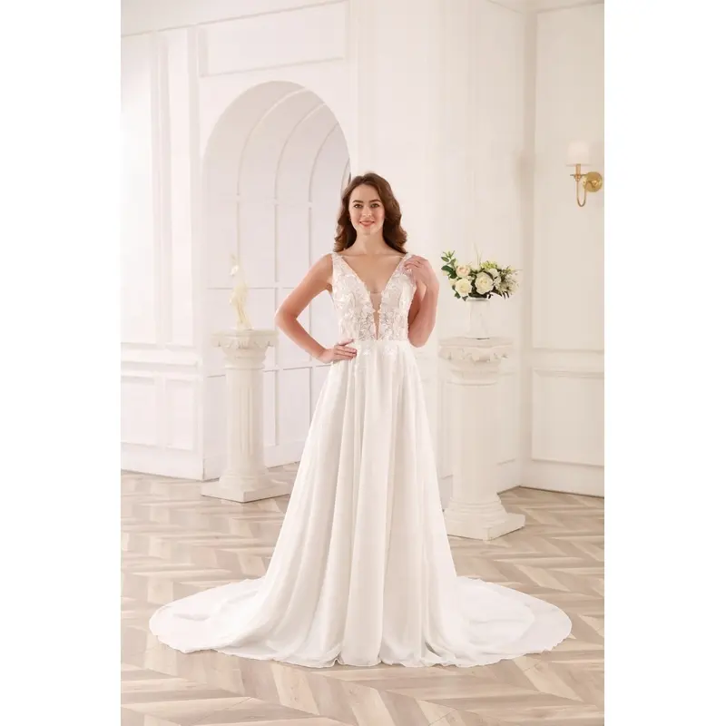 WT4317 Hot Sale Illusion Bodice With Chiffon Skirt Bridal Gowns Applique Simple Ivory Or Champagne Color Ready Wedding Dresses