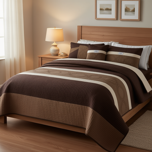 Ensemble de couette King Size Brown Cafe, 4 pièces, 50% coton, rayé, style classique, literie pour la maison toute saison - Product Image 2