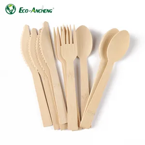 Precio al por mayor Natural degradable Grado alimenticio Respetuoso con el medio ambiente Cubiertos de bambú desechables Cuchillo de bambú Tenedor y cuchara