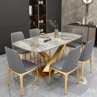 Ensemble de table à manger moderne en dalle de roche blanche avec 6 chaises en métal inoxydable pliables pour hôtel, banquet, mariage, famille, salon, maison
