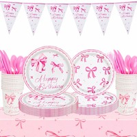 Ensemble de vaisselle jetable en papier rose sur le thème du nœud rose, écologique, parfait pour les célébrations d'anniversaire, vente en gros