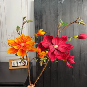 Bouquet de fleurs artificielles de magnolia Jinxi en soie réaliste pour décoration de mariage rose orange rouge - Product Image 1