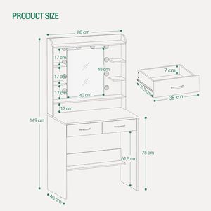 Table de maquillage avec <span class=keywords><strong>miroir</strong></span> et éclairage <span class=keywords><strong>LED</strong></span>, bureau de toilette à luminosité réglable, table de toilette avec étagères et 2 tiroirs - Product Image 4