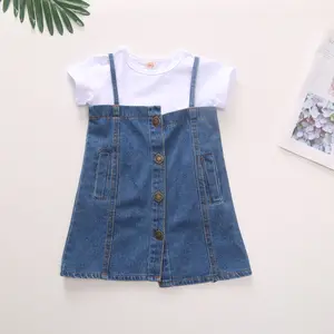 Yürümeye başlayan kız elbise kısa kollu beyaz pamuk ve spagetti kayışı Patchwork Denim elbise sevimli çocuk kız Jean elbise yaz