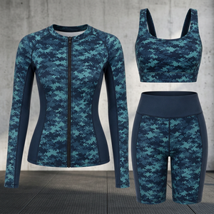 Ensemble Rash Guard Camouflage Numérique pour Femme : Haut Zippé à Manches Longues, Brassière de Sport et Short Cycliste Séchage Rapide en Spandex et Polyester - Product Image 5