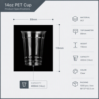 Gobelet jetable en PET transparent à paroi simple de 89 mm et 14 oz pour thé au lait Boba, boissons froides à emporter, impression de logo personnalisée