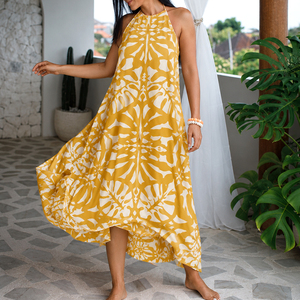 Nouvelle robe de plage élégante à col halter, imprimé Aloha fluide, 100% rayonne voile, robe maxi pour femme - Product Image 2