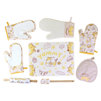 Adorable Kitty Pattern Kit d'outils de cuisson Mitaines de four Grattoir Brosse à badigeonner Rouleau à pâtisserie Porte-pot Grattoir à pâte