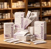 Boîte pliante en papier écologique recyclable avec logo personnalisé, pelliculage mat et gaufrage pour l'emballage de poudre protéinée en sachet.