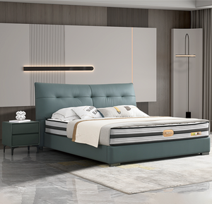 Cama Minimalista Duradera con Estructura Metálica <span class=keywords><strong>Tapizada</strong></span> en Cuero Genuino de Alta Calidad, Ahorra Espacio, con Detalles en Roble para Dormitorio o Apartamento - Product Image 2