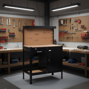 Armoire de rangement d'atelier avec tiroir coulissant, accès par clé, table à outils et panneau perforé inclus - Product Image 2