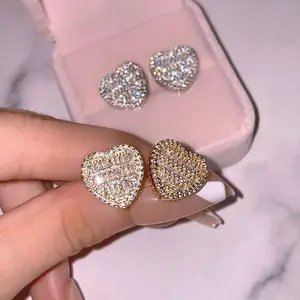 Designer Style Luxury High Quality Heart-Shaped Earring Iced out 18K Gold Plated CZ Stud Earring For Women Men Gift