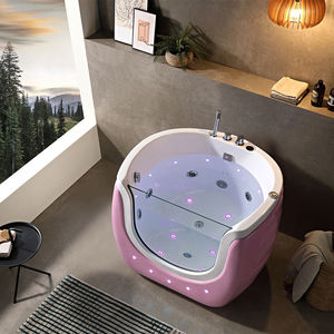 Baignoire bébé autoportante moderne en acrylique rose avec drain et porte vitrée transparente à l'avant - Product Image 4