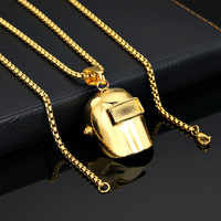 Collier pendentif casque de soudeur en acier inoxydable doré, chaîne maille forçat, bijoux industriels, cadeau homme femme, personnalisé OEM