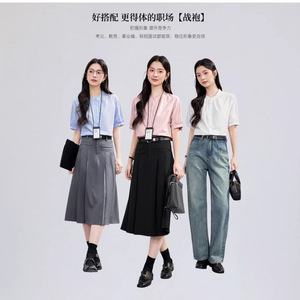 Women's Blue Stand Collar Shirt Short Sleeve Breathable Office Wear 3D Cutting Simple Design Professional Top - Product Image 2