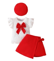Ensemble Filles Bébé Nouvel An, Haut Manches Courtes Grand Nœud, Jupe Irrégulière et Béret 3 Pièces, Tenue de Noël pour Tout-petits
