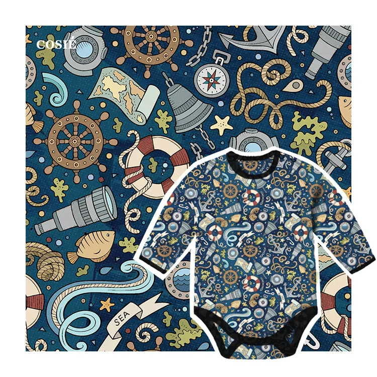 No Moq 210gsm traspirante 100% cotone stampato digitale cartone animato modello nautico Jersey tessuto a maglia per abbigliamento per bambini