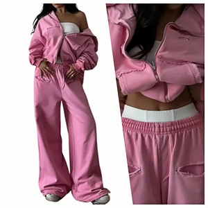 Automne hiver 2024 femmes vêtements survêtement survêtement ensemble Logo personnalisé 2 pièces Double fermeture éclair à capuche et pantalon de survêtement à jambe large ensemble - Product Image 1