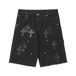 Shorts Cargo de Mezclilla Lavada con Adornos de Cruz, Estilo Americano Vintage, Marca Chrome Hearts - Product Image 1