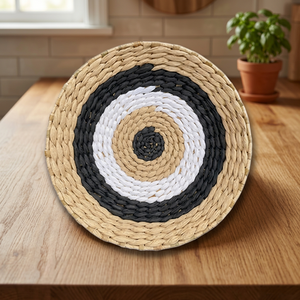 Circular Water Hyacinth Wall <b>Hanging</b> with Black <b>White</b> Abstract Geometric Pattern Bohemian Style Home Decor for Living Room - Product Image 3