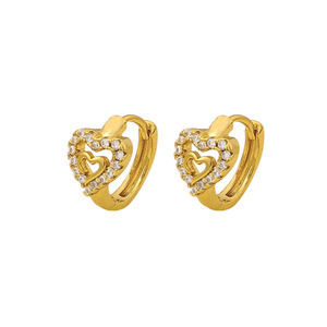 Pendientes Huggie en forma de corazón chapados en oro con diamantes de imitación de cristal para mujer, lindos pendientes de aro a la moda - Product Image 4